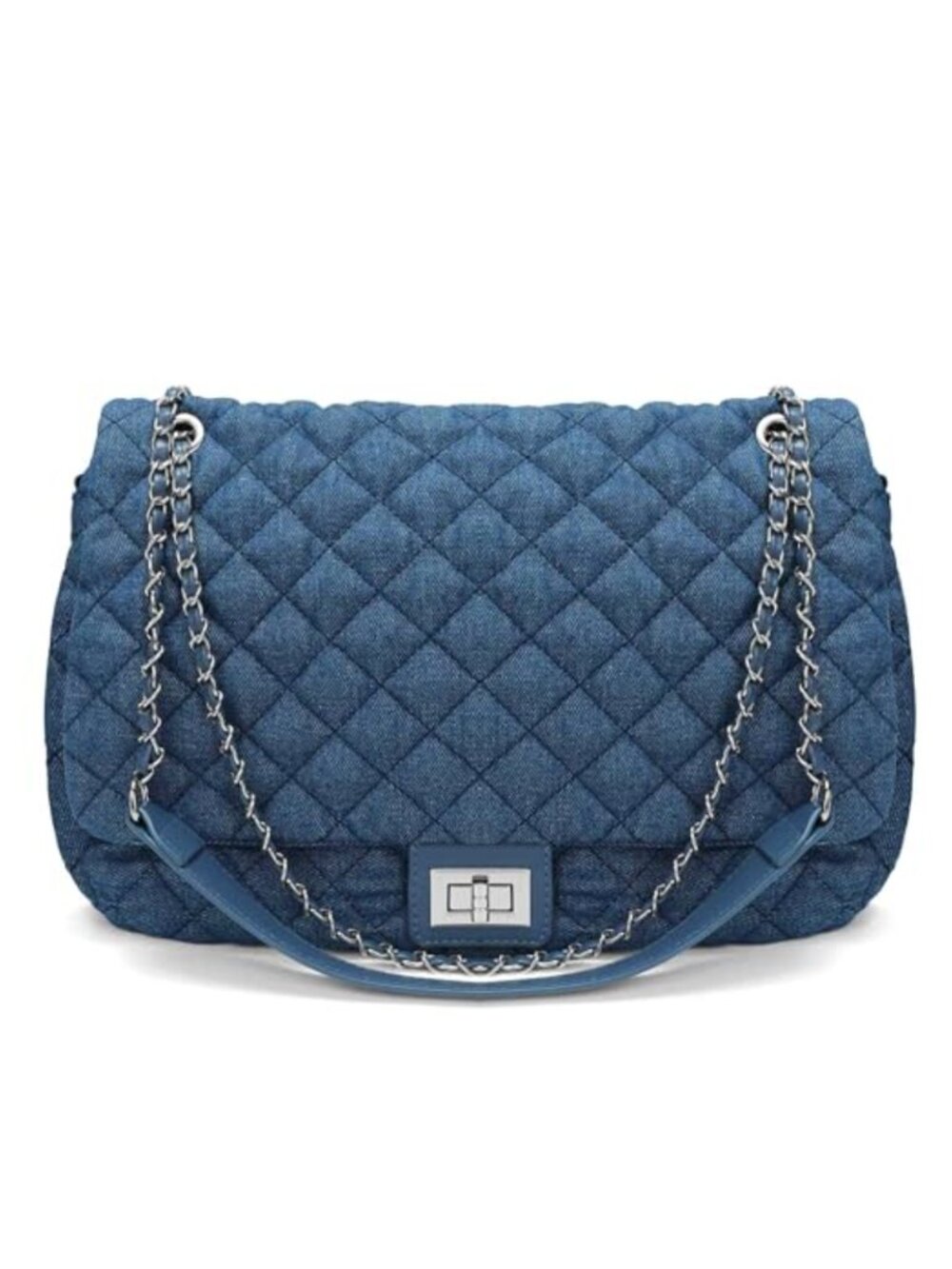 Quilted Denim Crossbody Bag Chain Shoulder Purse Adjustable Strap Vegan Leather